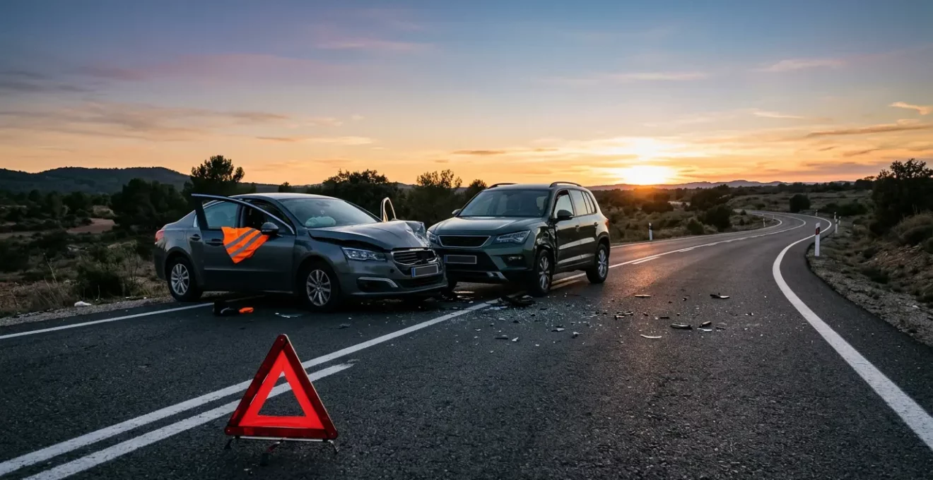 Scène d'accident de la route sur une route avec véhicules impliqués et dispositifs de sécurité