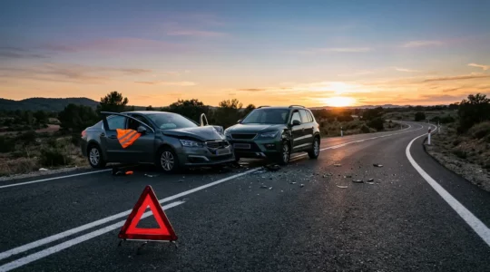 Scène d'accident de la route sur une route avec véhicules impliqués et dispositifs de sécurité
