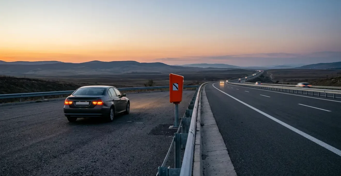 Véhicule immobilisé sur bande d'arrêt d'urgence d'autoroute avec borne d'appel d'urgence orange