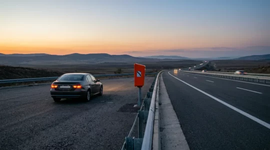 Véhicule immobilisé sur bande d'arrêt d'urgence d'autoroute avec borne d'appel d'urgence orange