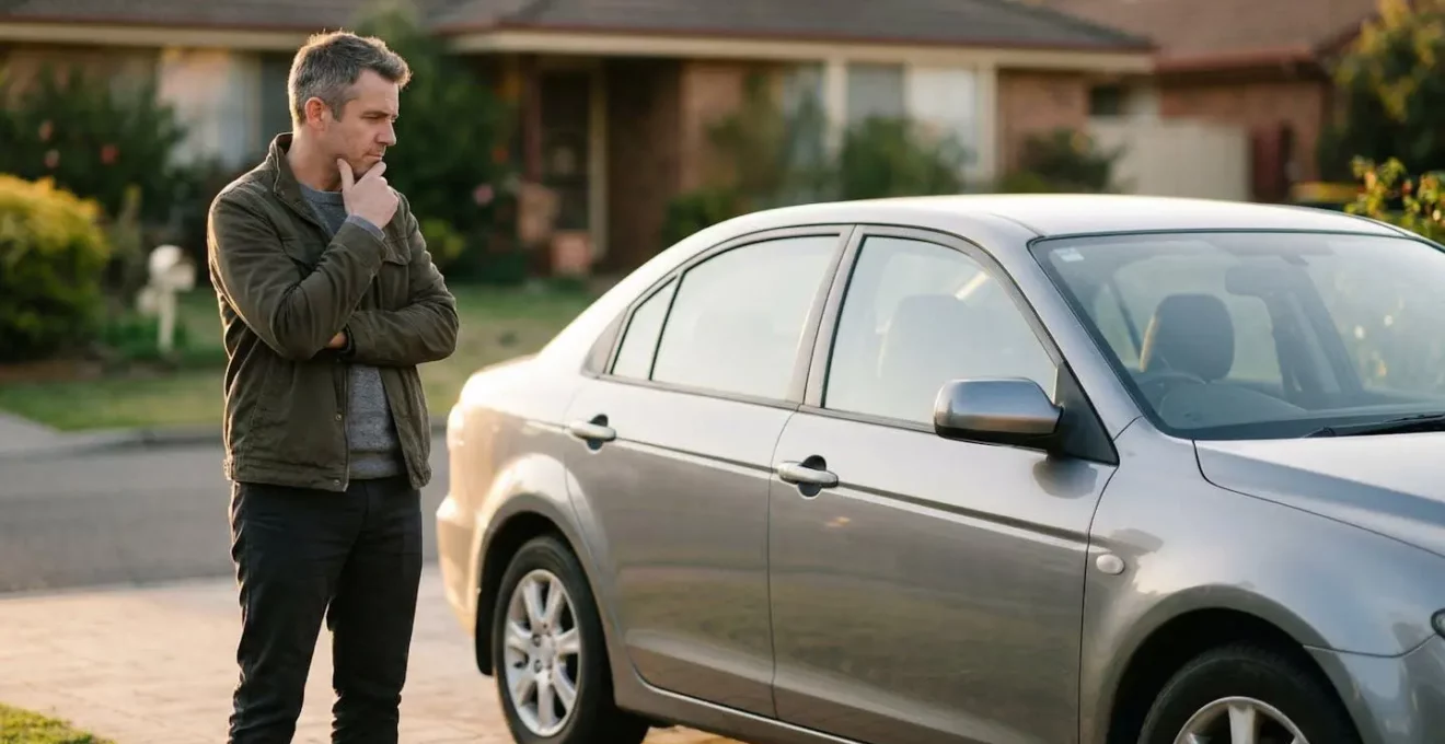Propriétaire de voiture réfléchissant au choix d'assurance devant son véhicule