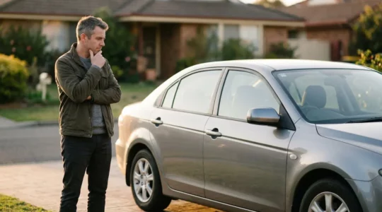 Propriétaire de voiture réfléchissant au choix d'assurance devant son véhicule