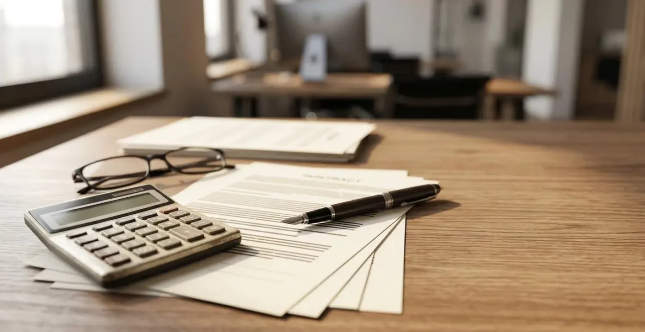 Dossier de contrat d'assurance automobile avec calculatrice et documents de sinistre pour vérifier le barème d'indemnisation