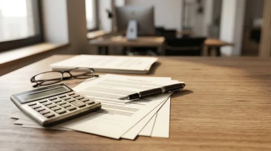 Dossier de contrat d'assurance automobile avec calculatrice et documents de sinistre pour vérifier le barème d'indemnisation
