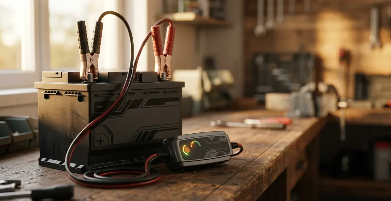 Gros plan sur une batterie de véhicule avec câbles de diagnostic et mainteneur de charge dans un environnement de garage professionnel