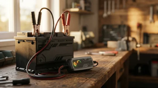 Gros plan sur une batterie de véhicule avec câbles de diagnostic et mainteneur de charge dans un environnement de garage professionnel