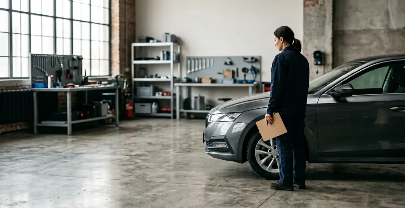 Expert automobile évaluant un véhicule pour déterminer sa valeur de remplacement