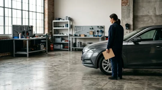 Expert automobile évaluant un véhicule pour déterminer sa valeur de remplacement