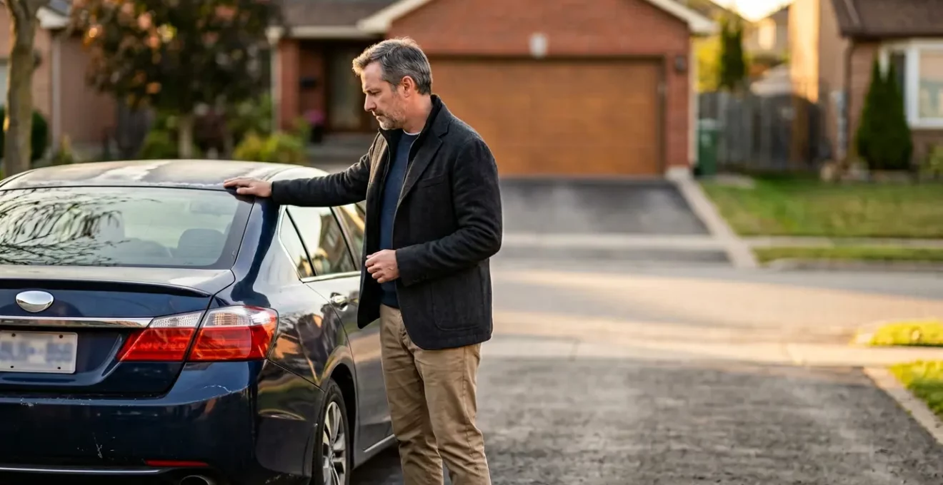 Conducteur face à son véhicule d'occasion devant un garage, évaluant sa décision d'assurance automobile