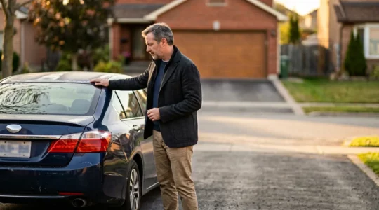 Conducteur face à son véhicule d'occasion devant un garage, évaluant sa décision d'assurance automobile
