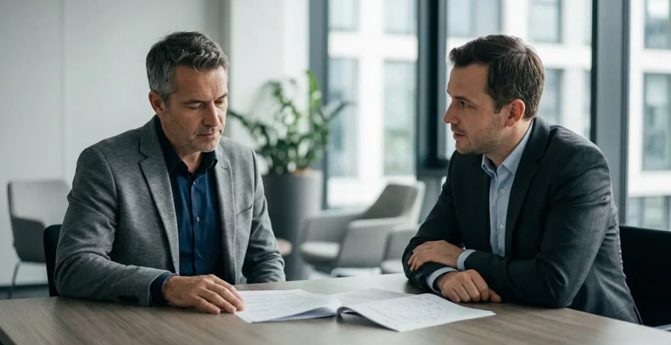 Deux experts automobiles professionnels analysant un dossier d'expertise contradictoire