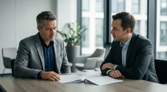 Deux experts automobiles professionnels analysant un dossier d'expertise contradictoire