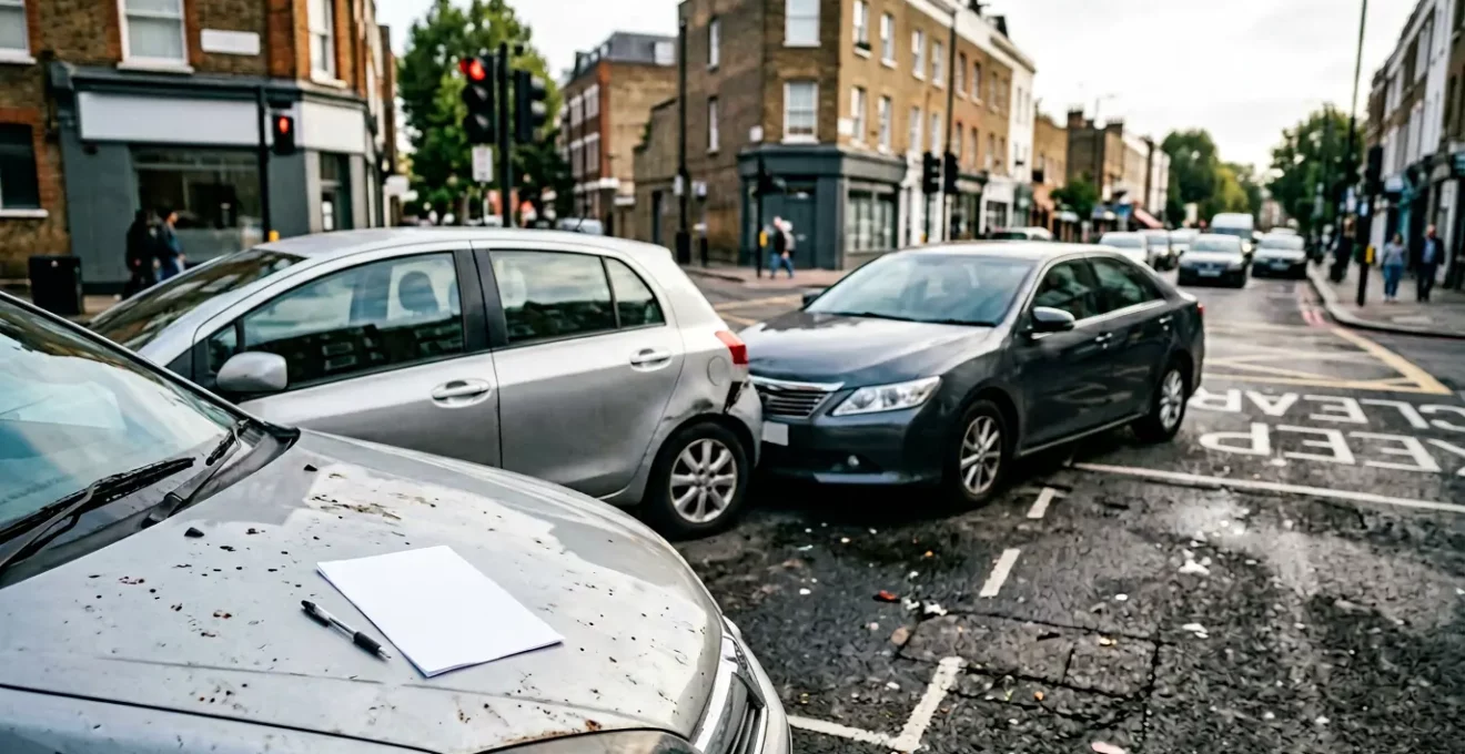 Scène d'accident automobile avec constat amiable sur capot