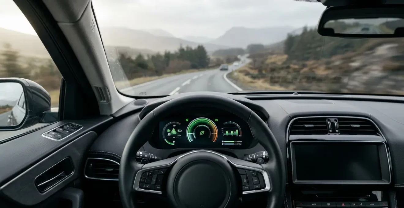 Tableau de bord de voiture montrant une consommation optimale en éco-conduite