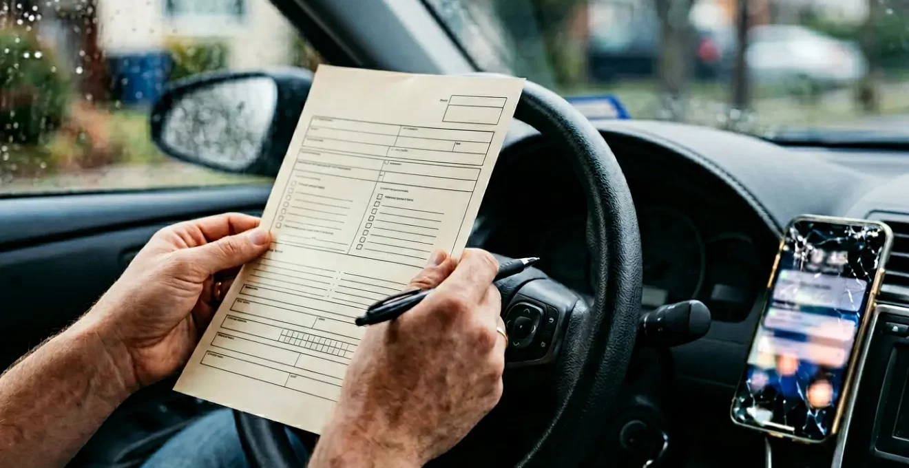 Scène représentant une déclaration de sinistre automobile avec documents et véhicule