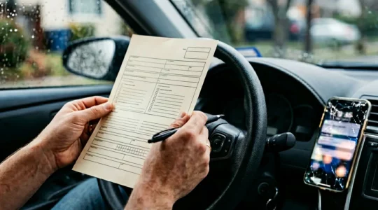 Scène représentant une déclaration de sinistre automobile avec documents et véhicule