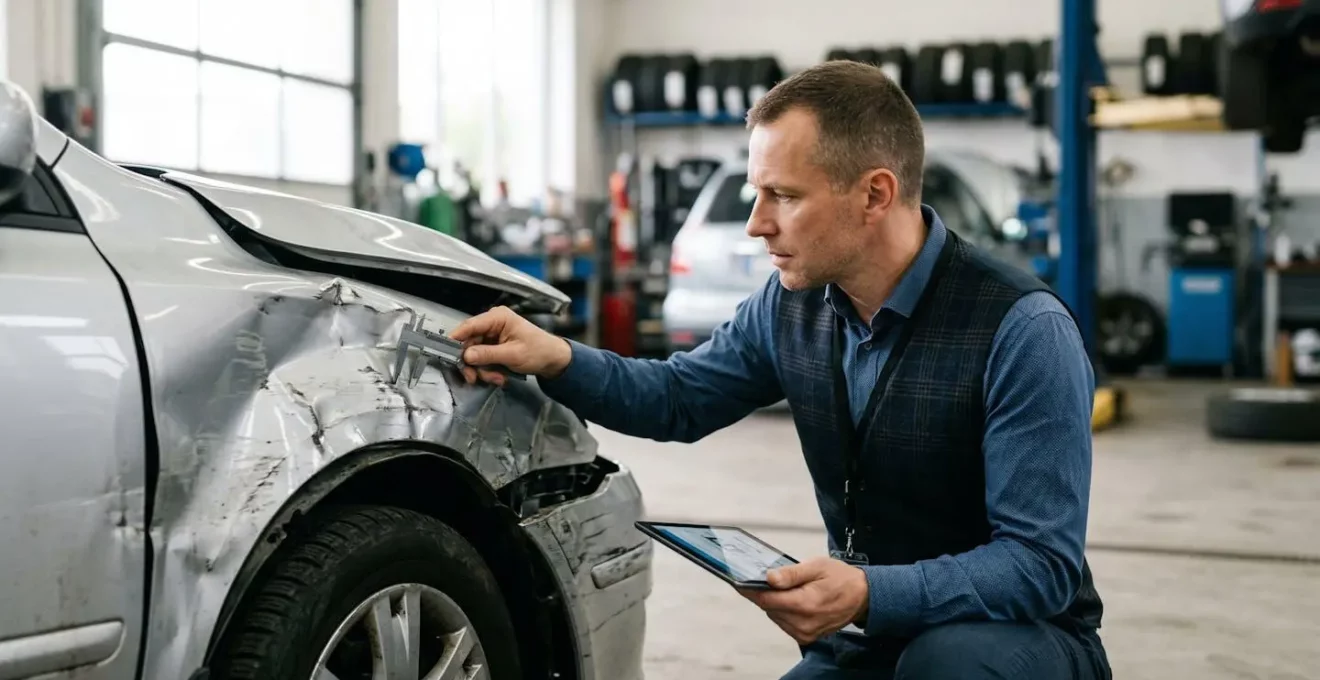 Un expert automobile professionnel examine minutieusement les dommages d'un véhicule accidenté