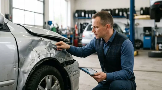 Un expert automobile professionnel examine minutieusement les dommages d'un véhicule accidenté