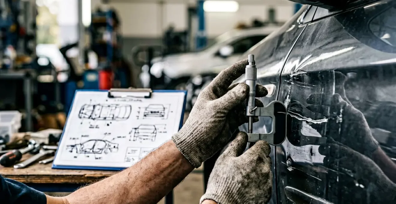 Expert automobile analysant un véhicule accidenté lors d'une expertise d'assurance