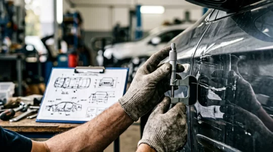 Expert automobile analysant un véhicule accidenté lors d'une expertise d'assurance