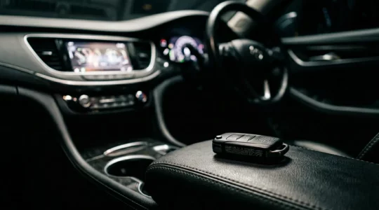 Voiture moderne avec système électronique de démarrage sans clé illustrant les risques de vol