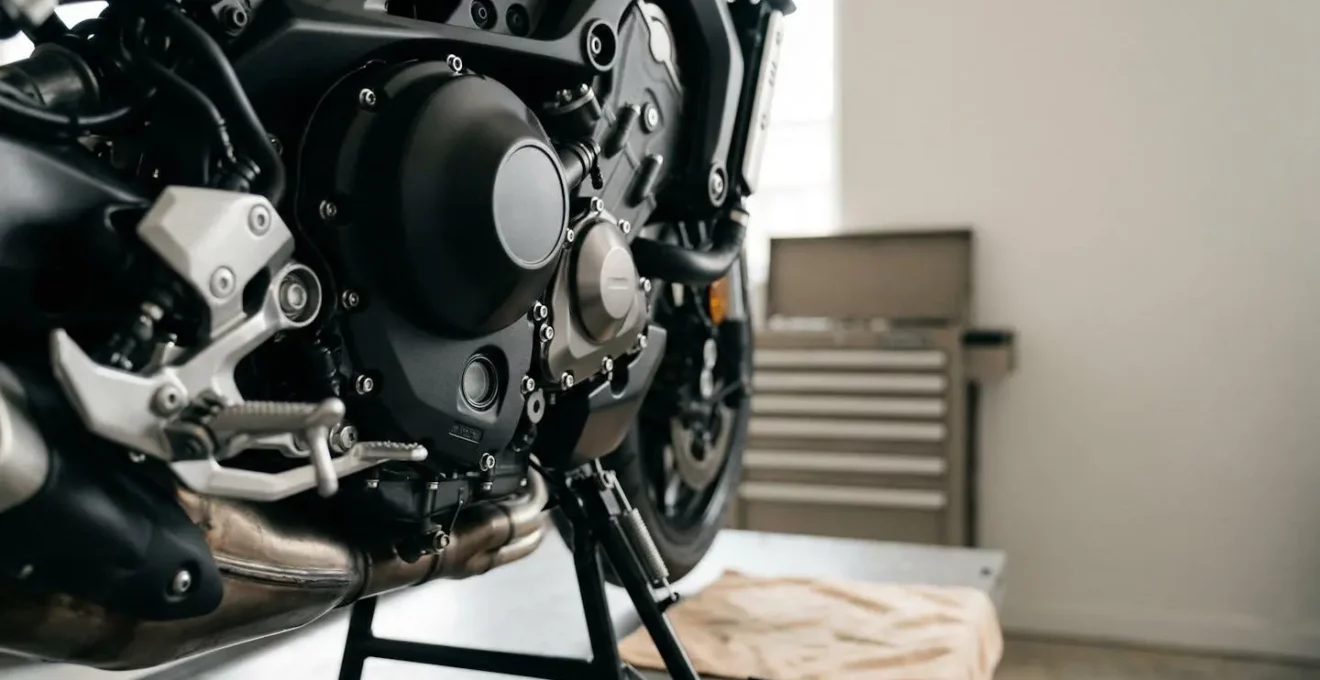 Détail d'un moteur de moto moderne avec carter d'huile et jauge, illustrant l'importance de la lubrification pour la garantie constructeur