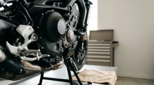 Détail d'un moteur de moto moderne avec carter d'huile et jauge, illustrant l'importance de la lubrification pour la garantie constructeur
