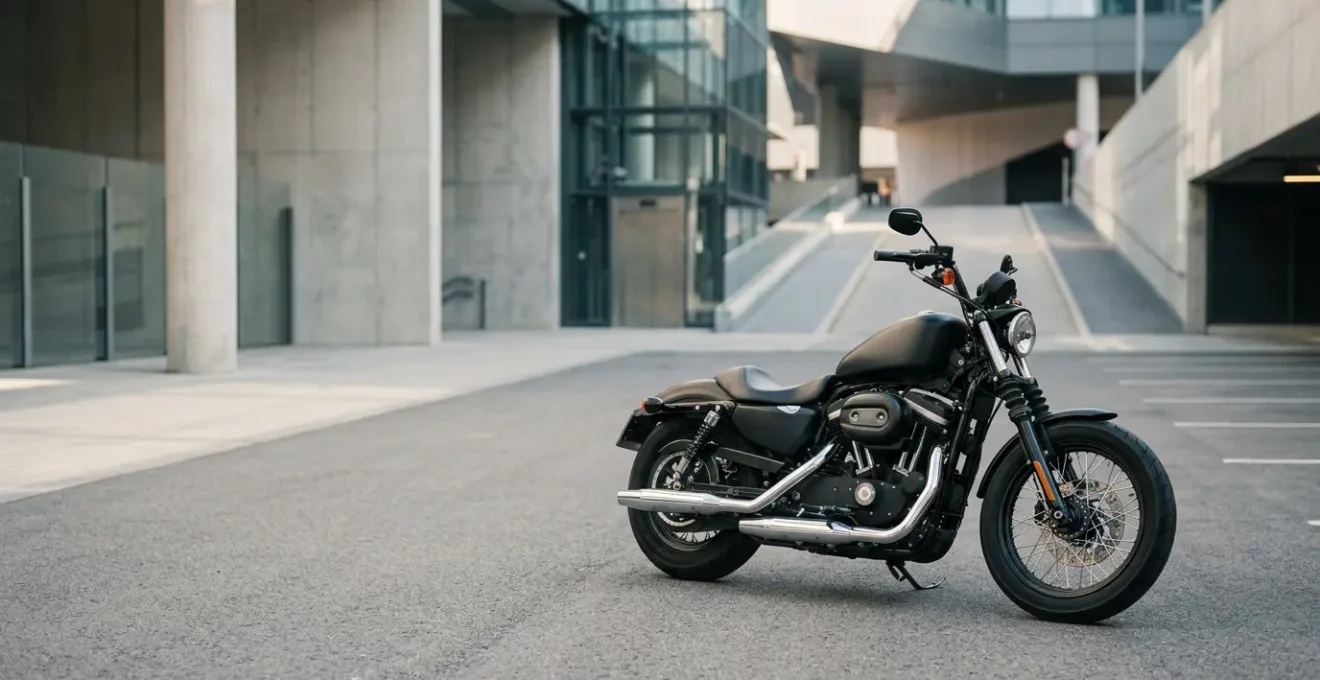Moto sportive neuve stationnée dans un environnement urbain sécurisé illustrant la protection de la valeur