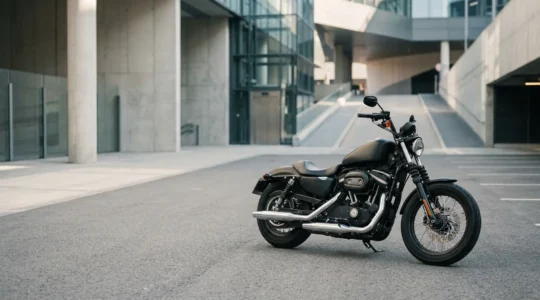 Moto sportive neuve stationnée dans un environnement urbain sécurisé illustrant la protection de la valeur