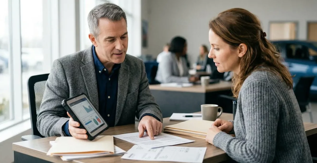Professionnel automobile et propriétaire de véhicule en discussion avec documents d'expertise et dossier de preuves sur une table
