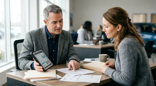 Professionnel automobile et propriétaire de véhicule en discussion avec documents d'expertise et dossier de preuves sur une table
