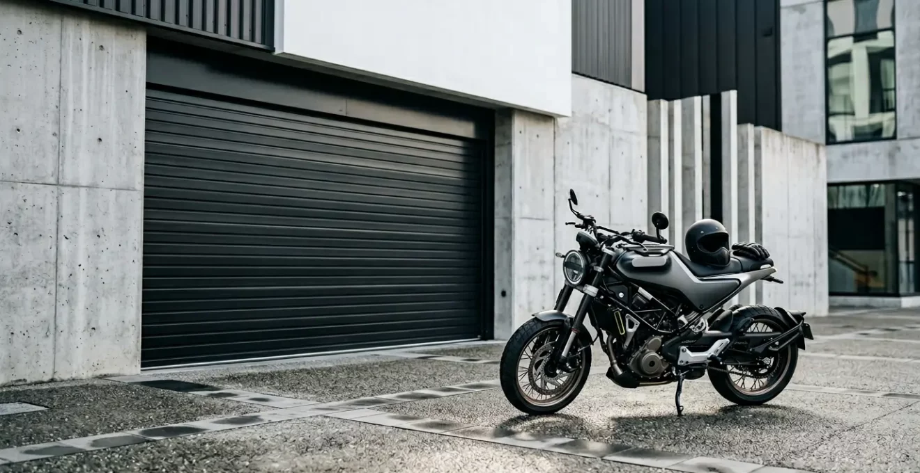 Motard urbain avec equipement de protection devant un box ferme securise en ville