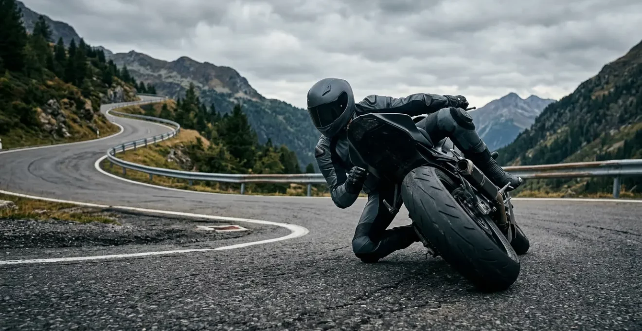 Motard penché dans un virage serré sur route de montagne avec pneus en contact optimal