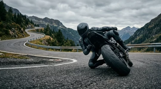 Motard penché dans un virage serré sur route de montagne avec pneus en contact optimal