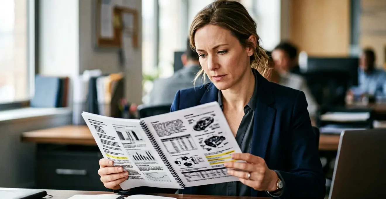 Expert automobile examinant minutieusement un document technique avec des annotations et chiffres, concentration et analyse professionnelle