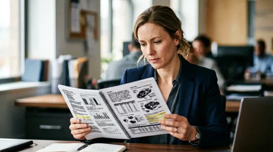 Expert automobile examinant minutieusement un document technique avec des annotations et chiffres, concentration et analyse professionnelle