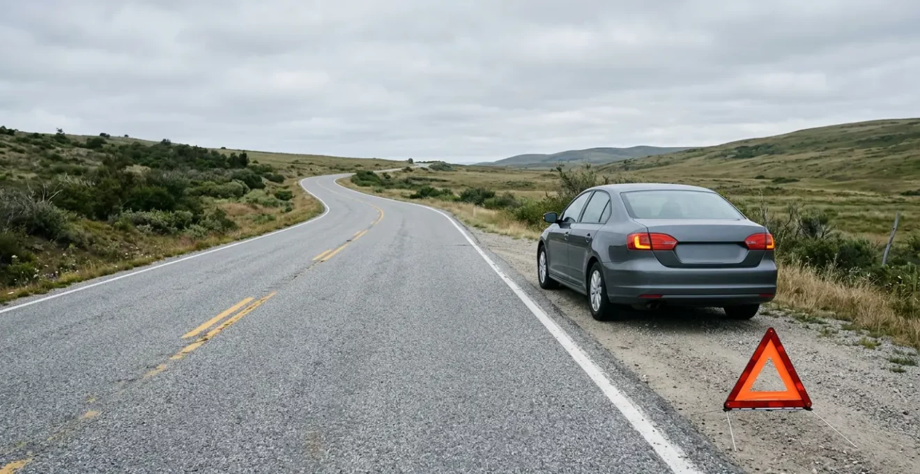 Scène d'accident de voiture sur route avec véhicule immobilisé et triangle de signalisation en place