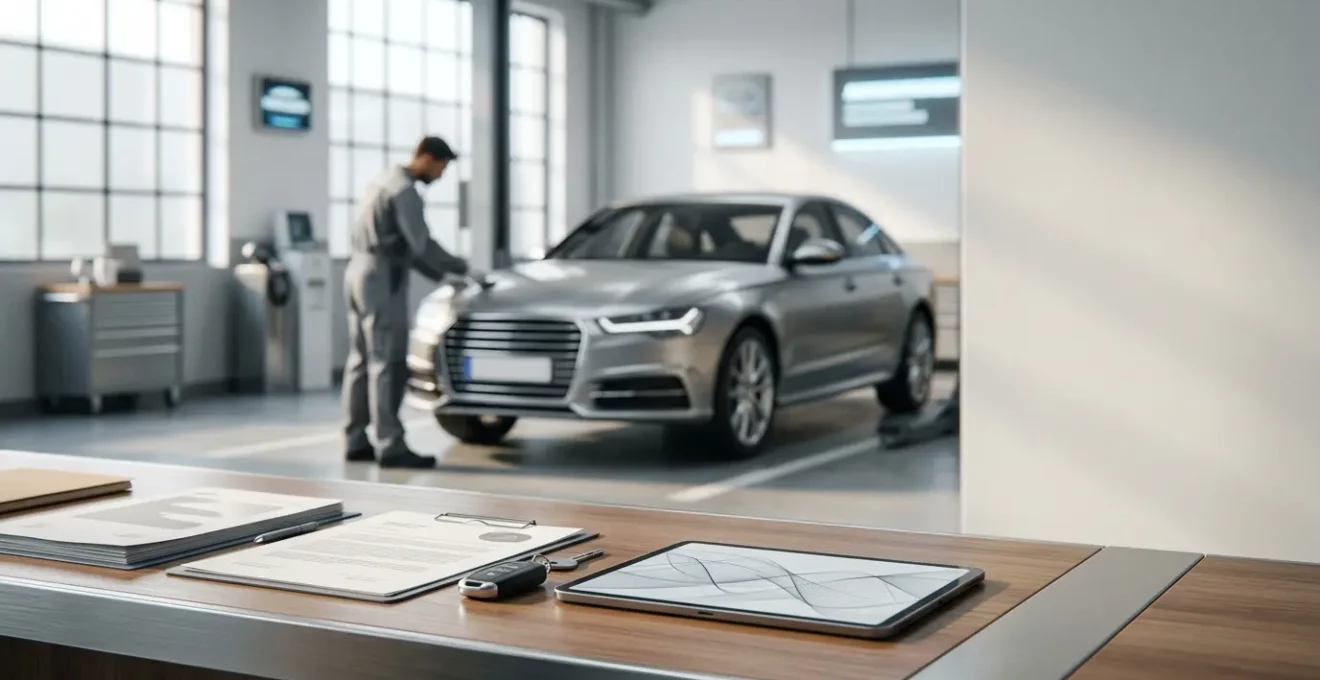 Scène professionnelle représentant la relation entre assureur et garage pour des réparations automobiles sans avance de frais