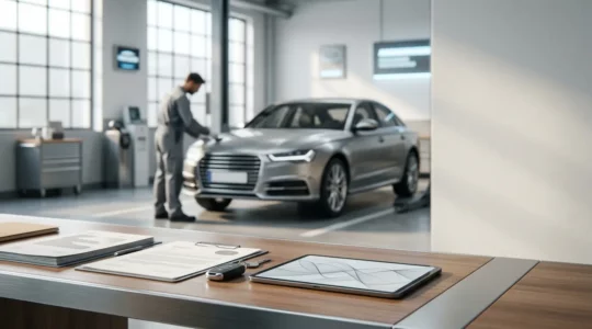 Scène professionnelle représentant la relation entre assureur et garage pour des réparations automobiles sans avance de frais