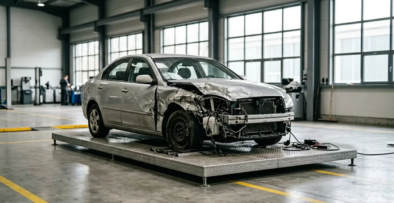 Inspection détaillée d'un véhicule endommagé par un expert automobile dans un centre d'expertise