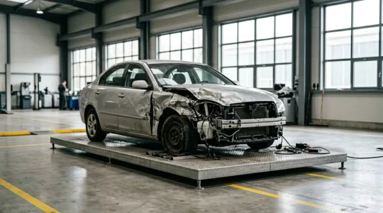 Inspection détaillée d'un véhicule endommagé par un expert automobile dans un centre d'expertise