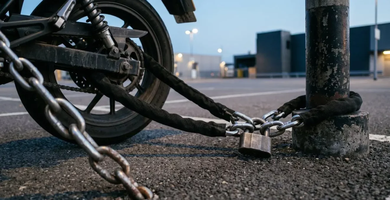 Antivol en chaîne haute sécurité reliant une moto à un point d'ancrage fixe