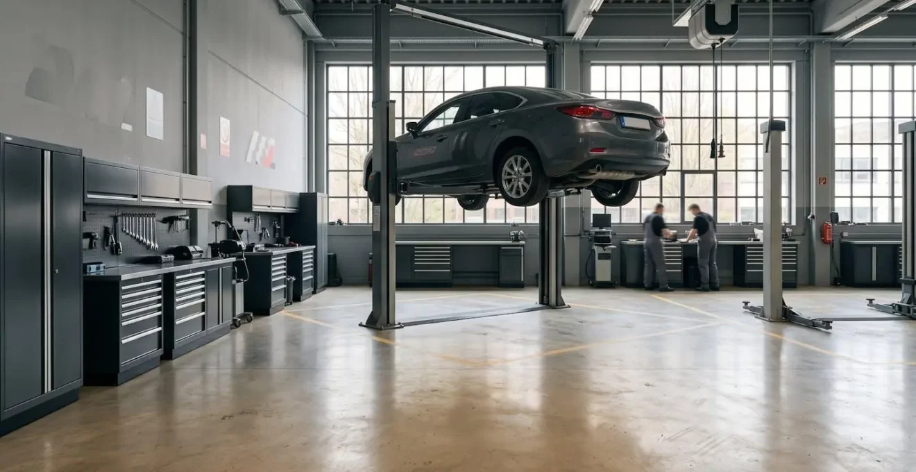 Vue d'ensemble d'un atelier de réparation automobile montrant l'organisation et la planification des interventions