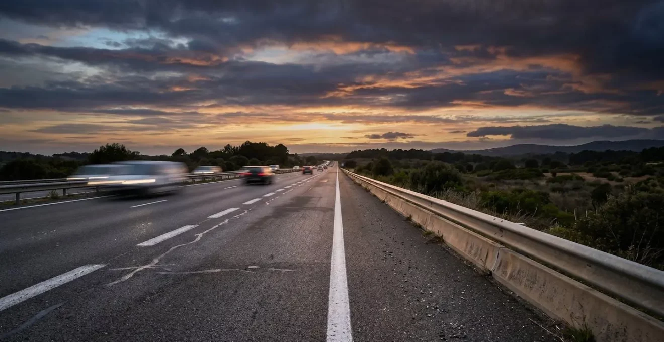 Bande d'arrêt d'urgence sur autoroute avec signalisation de sécurité et barrières de protection