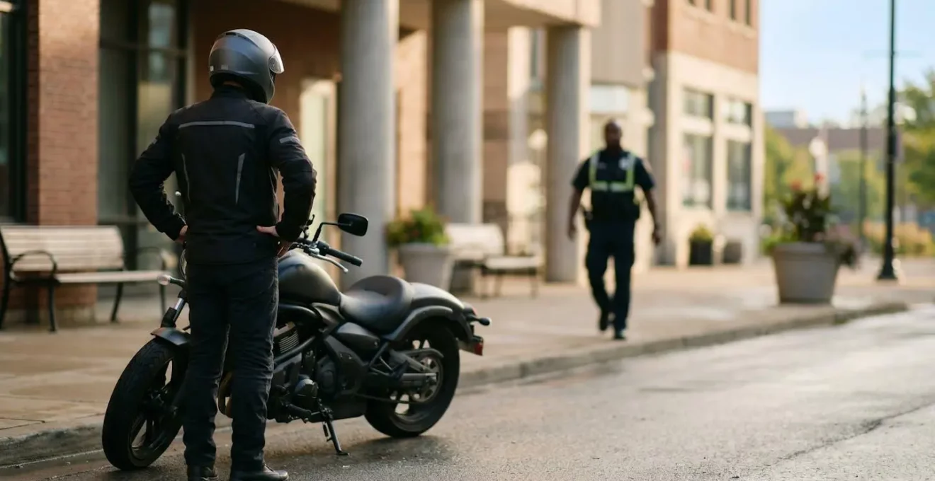 Scène urbaine matinale avec moto immobilisée et intervention d'assistance en milieu ville