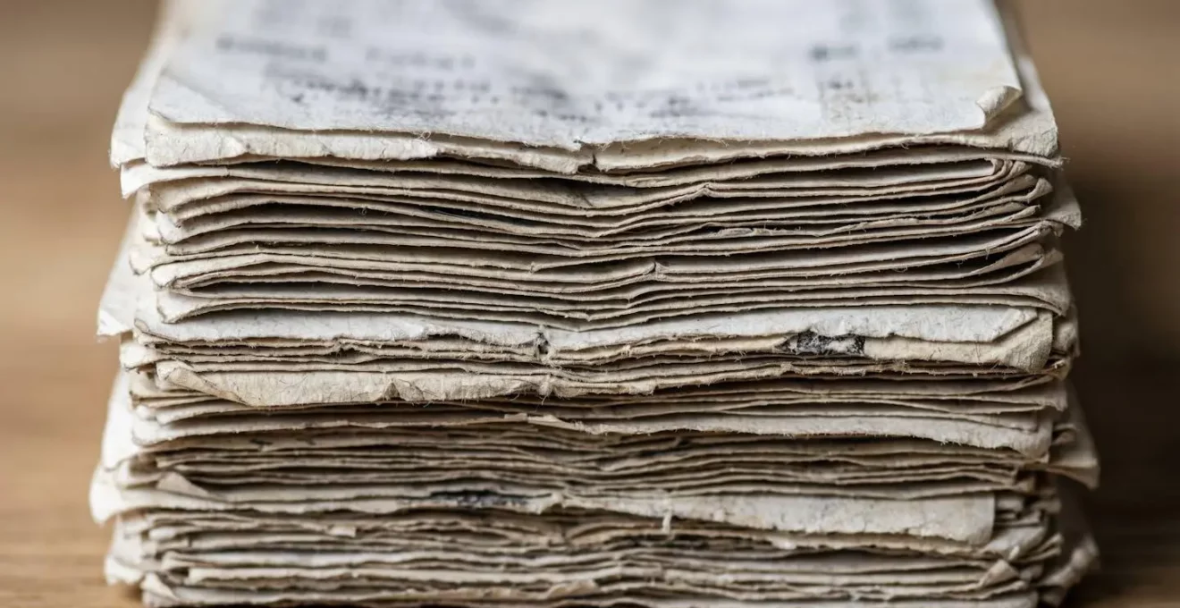Composition minimaliste évoquant l'archivage méticuleux de documents médicaux et de justificatifs de soins