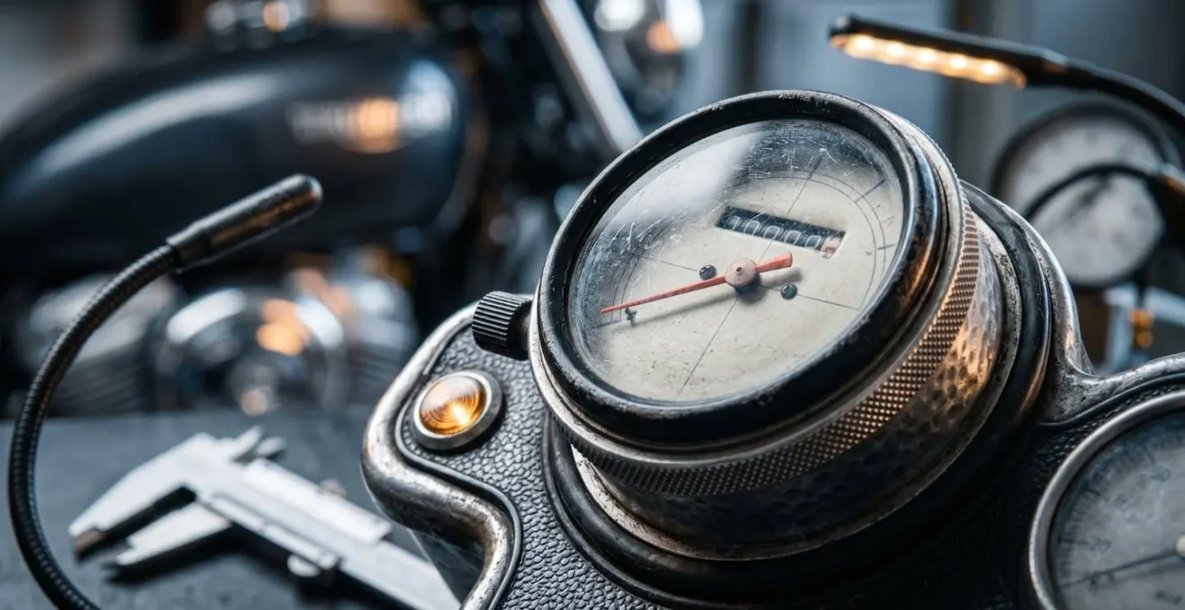 Expert automobile examinant les détails d'une moto neuve avec un compteur affichant un très faible kilométrage