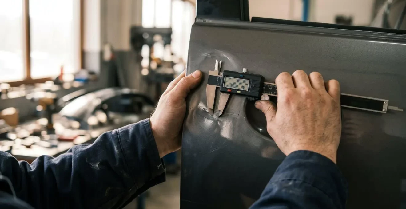 Expert automobile indépendant effectuant une évaluation technique détaillée des dommages sur un véhicule