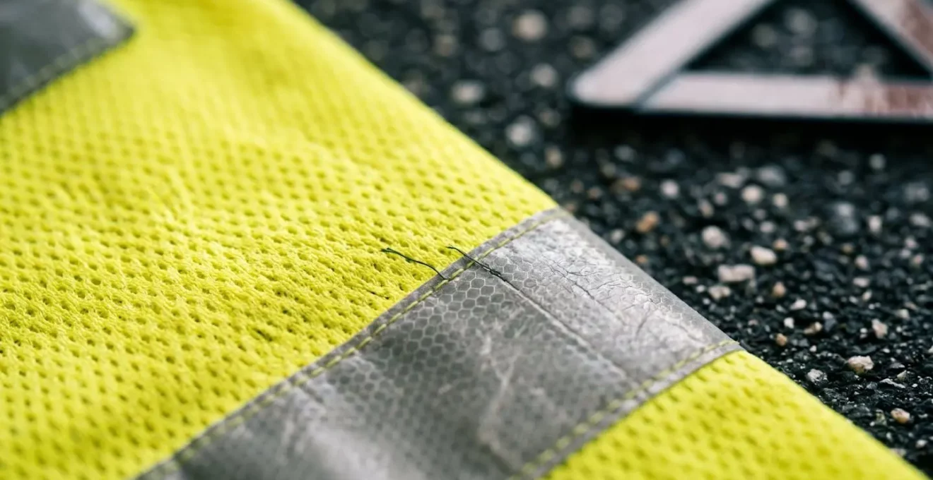 Gros plan sur un gilet de sécurité haute visibilité et un triangle de signalisation disposés sur une surface