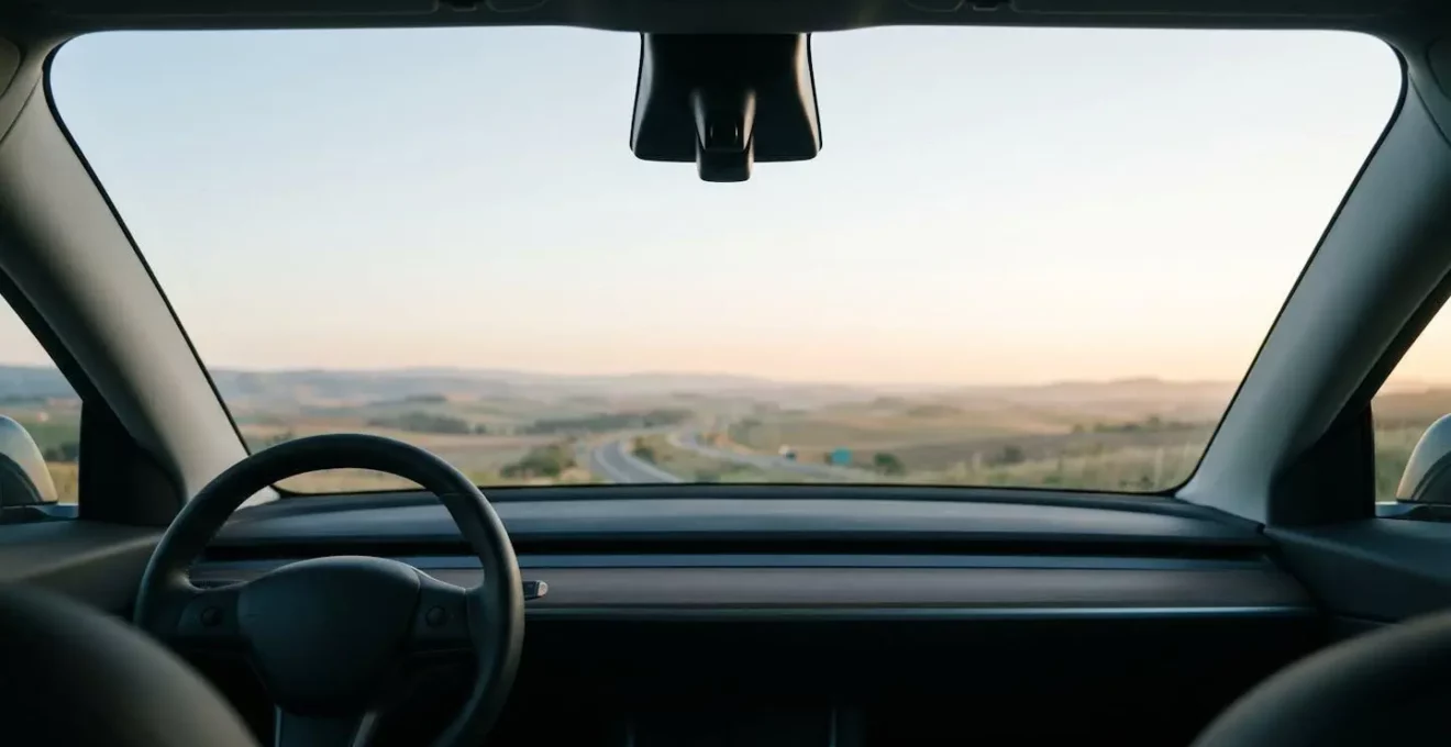 Gros plan sur un pare-brise moderne intégrant des technologies ADAS sans éléments textuels